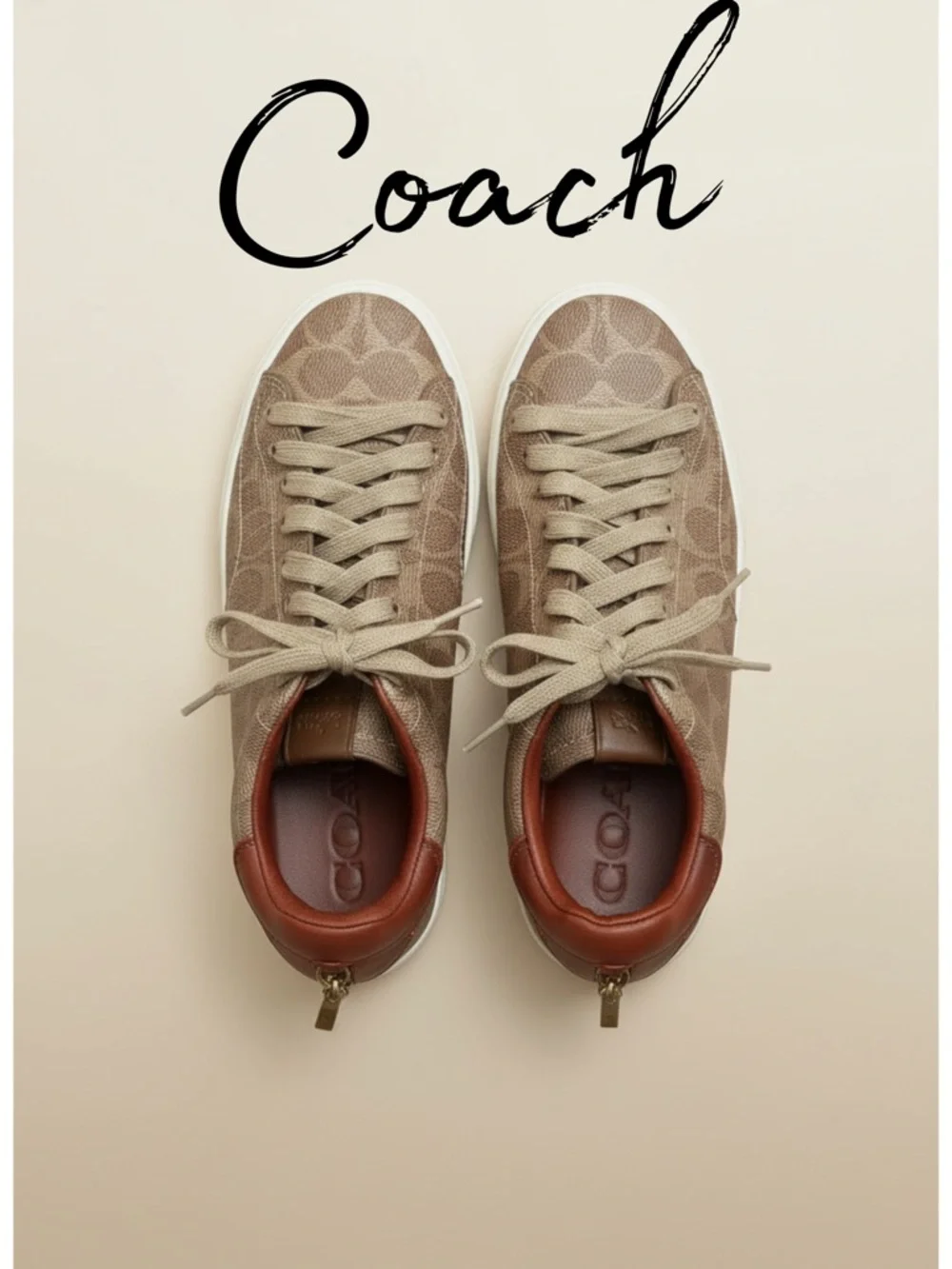 Coach Women’s Signature Canvas Sneakers with Brown Leather Trim - Picture 1 of 9